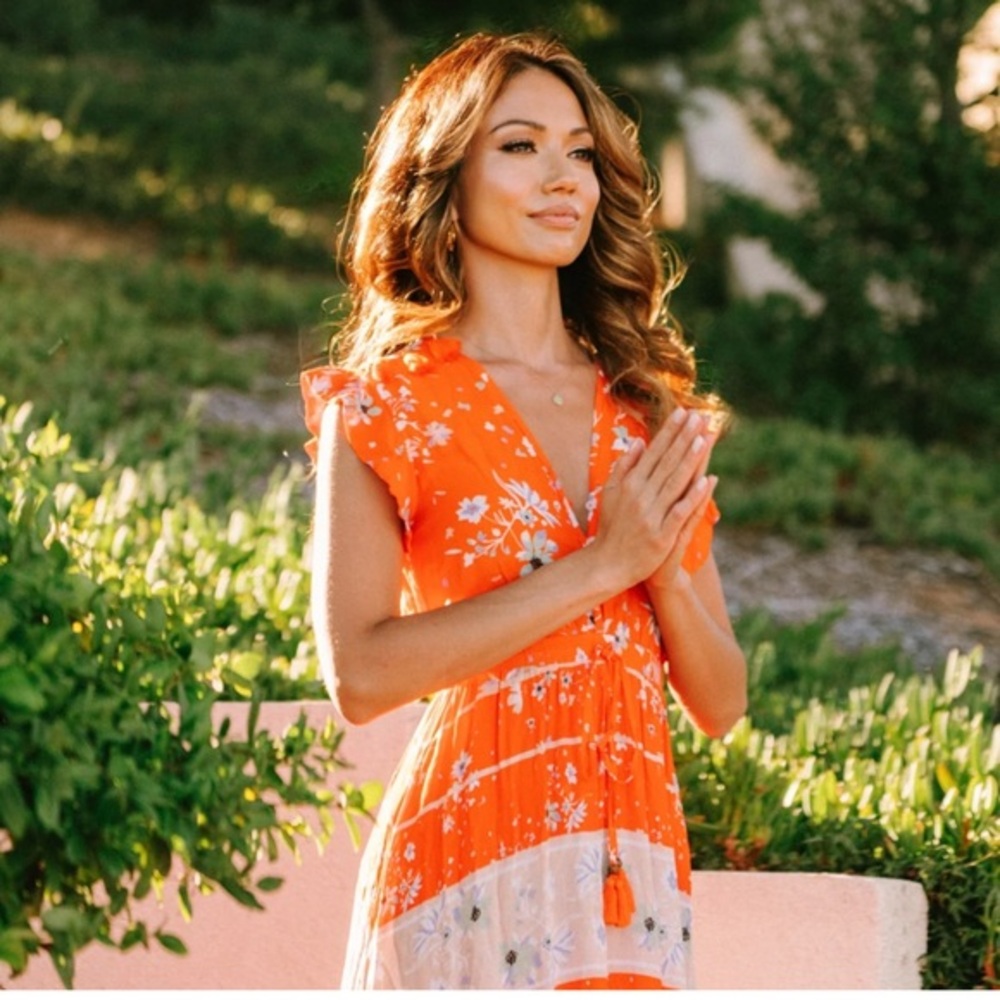Maaji Orange Floral Flowering Secret Cinched Maxi Dress Sz Small